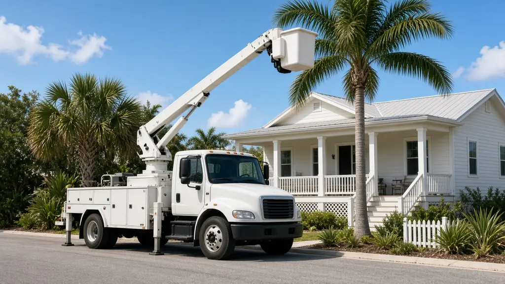 Bucket truck with boom raised beside a Gulf Coast home and palm trees for tree work