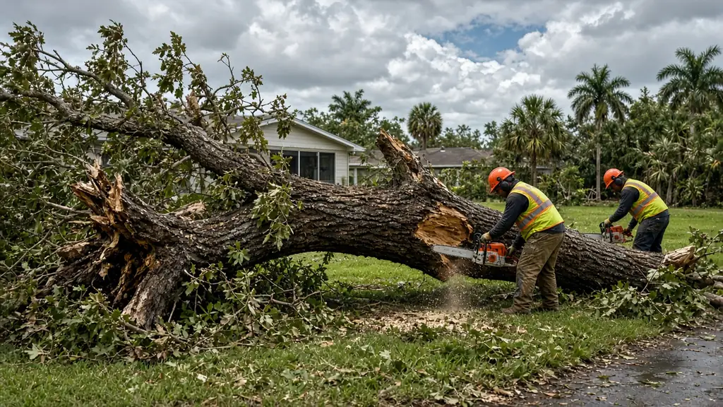 Crew cutting up a large oak that fell across a yard after a Gulf Coast storm