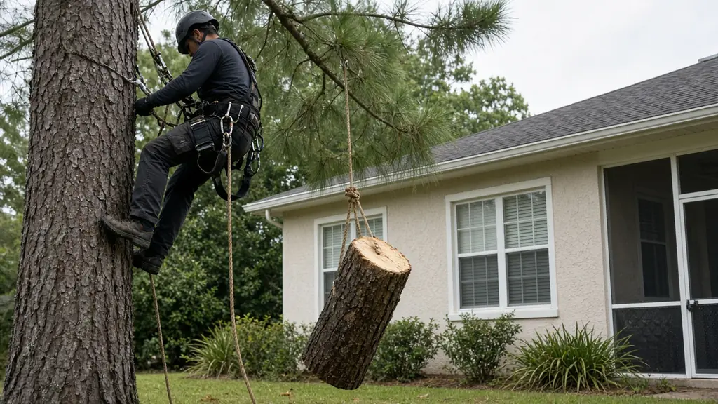 Climber lowering a cut pine section on a rope beside a Pensacola-area home during tree removal