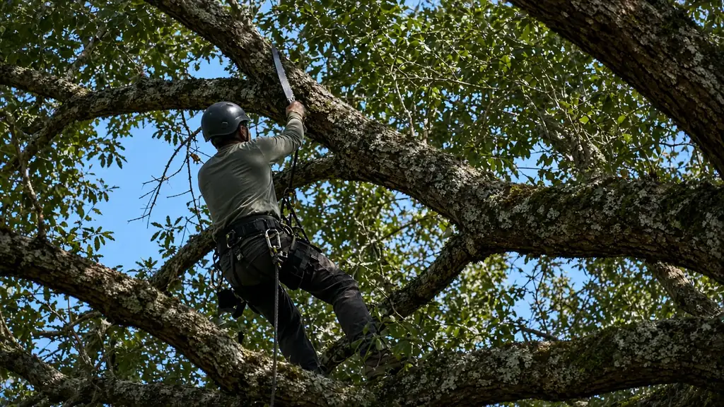 Arborist in a harness pruning a live oak limb high in the canopy, Gulf Coast tree trimming